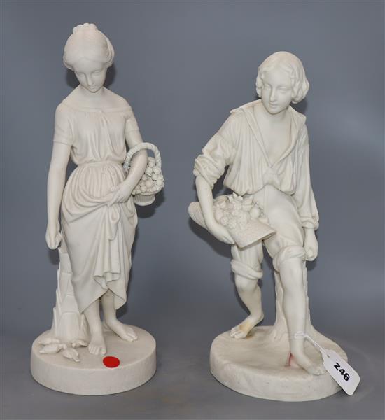 A Copeland parian figure of a boy carrying fruit (repaired) and another parian figure of a young girl, carrying a basket and feeding bi